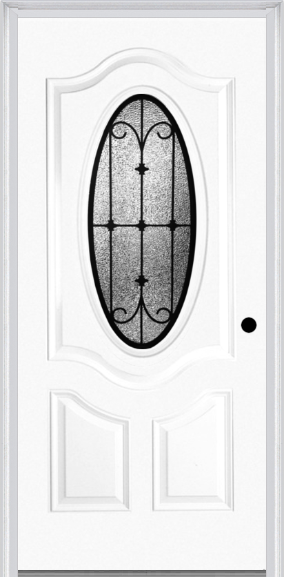 MMI SMALL OVAL 2 PANEL DELUXE 6'8" FIBERGLASS SMOOTH CHATEAU WROUGHT IRON DECORATIVE GLASS EXTERIOR PREHUNG DOOR 749